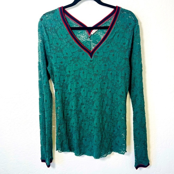 Free People Dark Green Cami Stretch Lace V-Neck Top Sheer Large - Picture 5 of 8